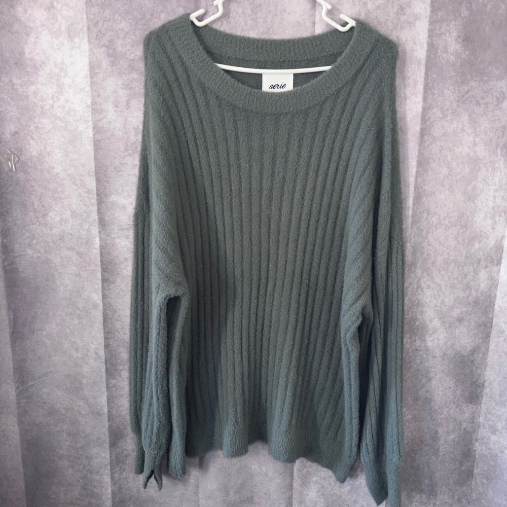 Aerie‎ Womens Medium Pullover Green Ribbed Fuzzy Oversized Cozy Sweater